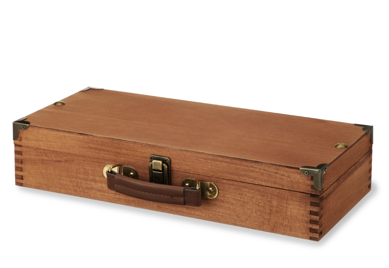 Closed wooden poker set carrying case with brass details and a faux leather handle