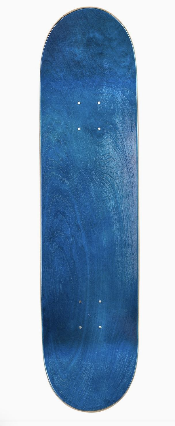 Blue maple skateboard deck with visible wood grain