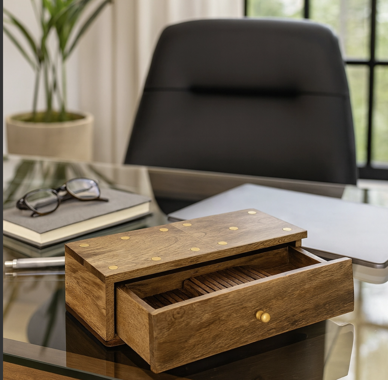 Brown wooden domino set on a desk with its storage drawer open