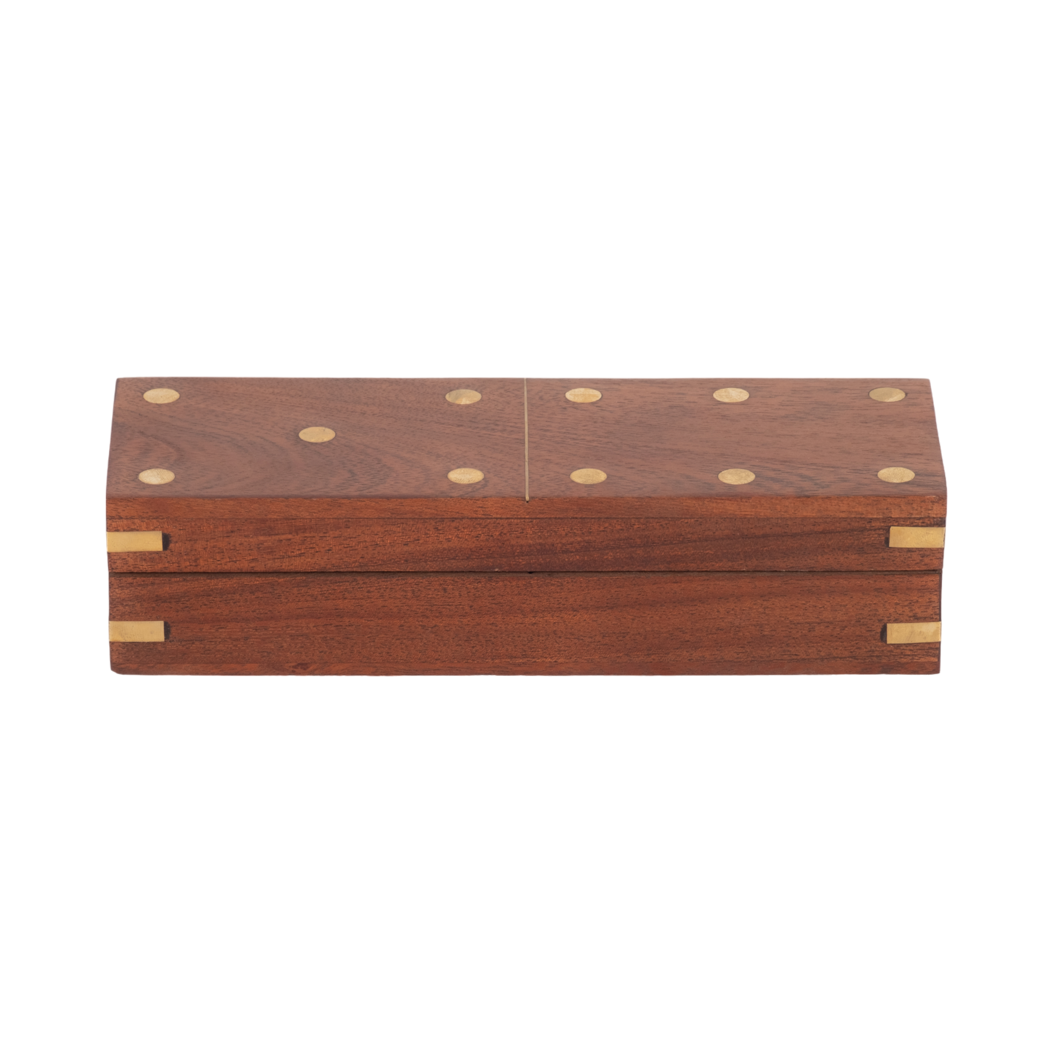 Closed rectangular brown wooden domino box with gold-tone dots and corner accents