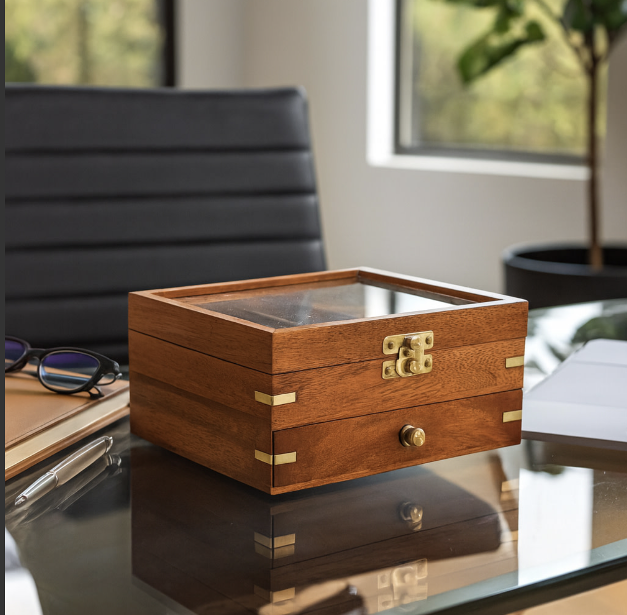 Closed brown wooden game case with a glass lid, gold-tone accents, and a drawer